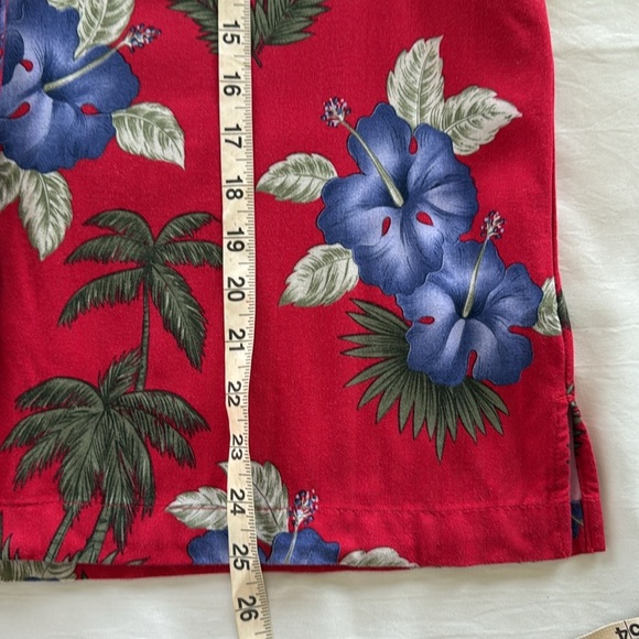 Caribbean Joe Red Aloha Hawaiian Shirt Purple Hibiscus & Green Palm Trees - Picture 5 of 9